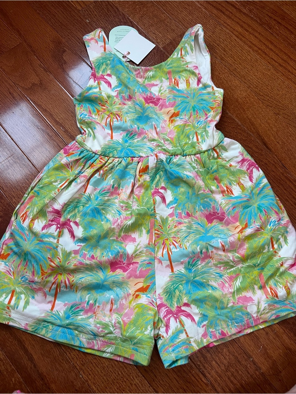 SweetHoney Tropical Palm-Print Romper in Blue, Green & Pink
